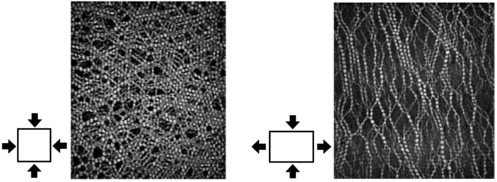 À gauche un carré avec 4 flèches qui le compriment et à côté une image avec un maillage serré comme un tissu. À droite un rectangle avec 2 flèches qui compriment en vertical et 2 flèches qui étirent en horizontal, à côté l'image montre un maillage en lignes verticales.