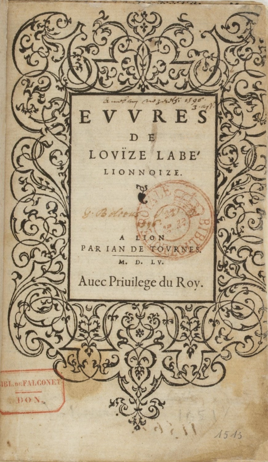 Première page de la version originale du livre « Oeuvres » de Louise Labé.
