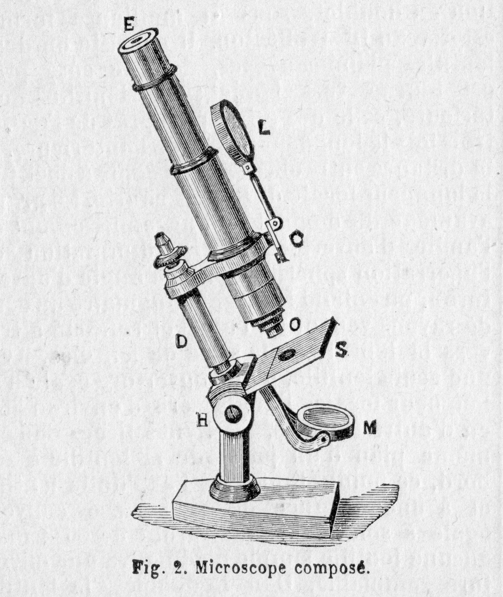 Vieux dessin montrant la structure d'un microscope. 
