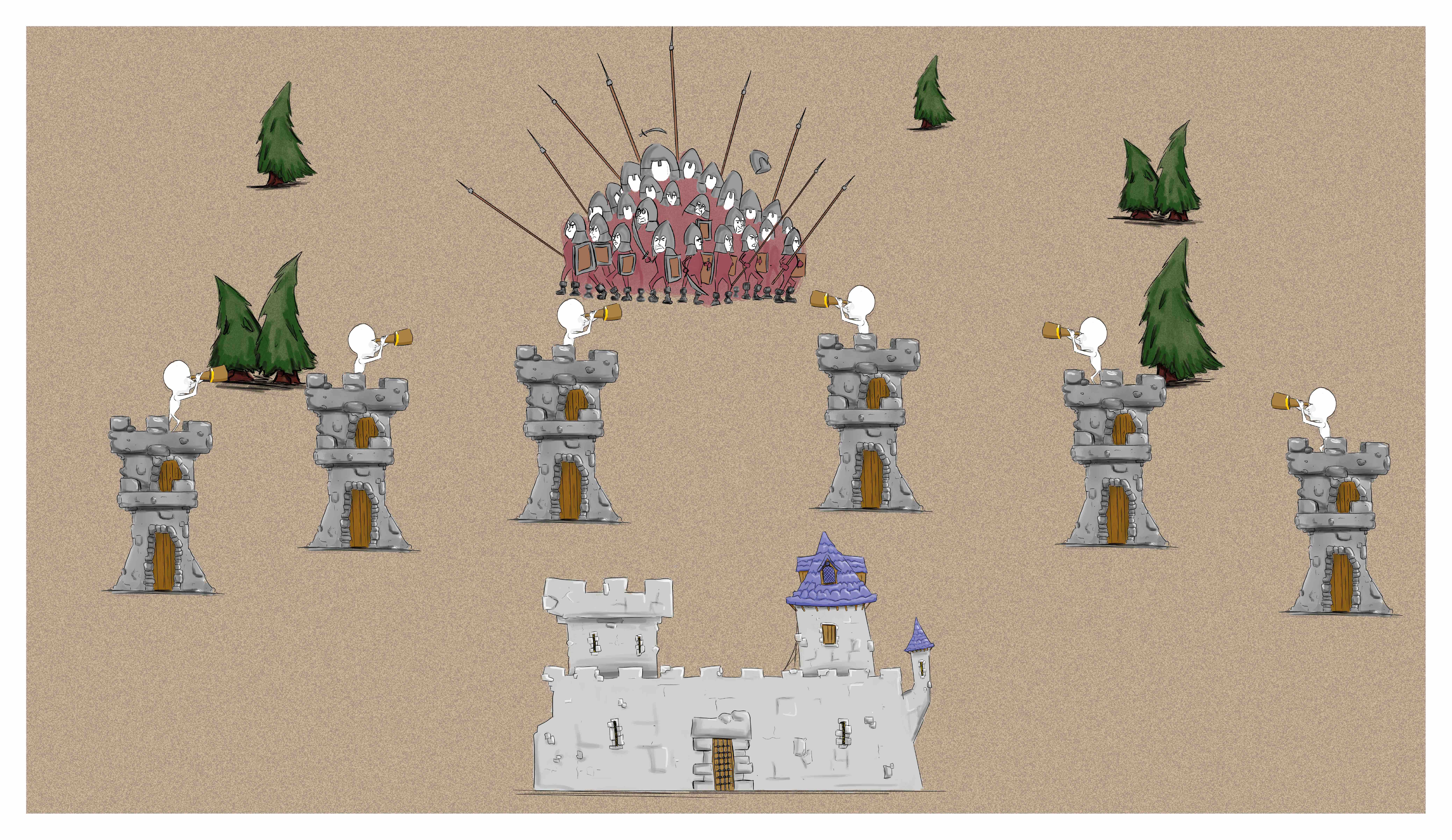 Zoom de l'image précédente avec un château au premier plan. Entre le château et l'armée : 6 tourelles sont alignées de gauche à droite, avec une sentinelle sur le toit de chaque tourelle.