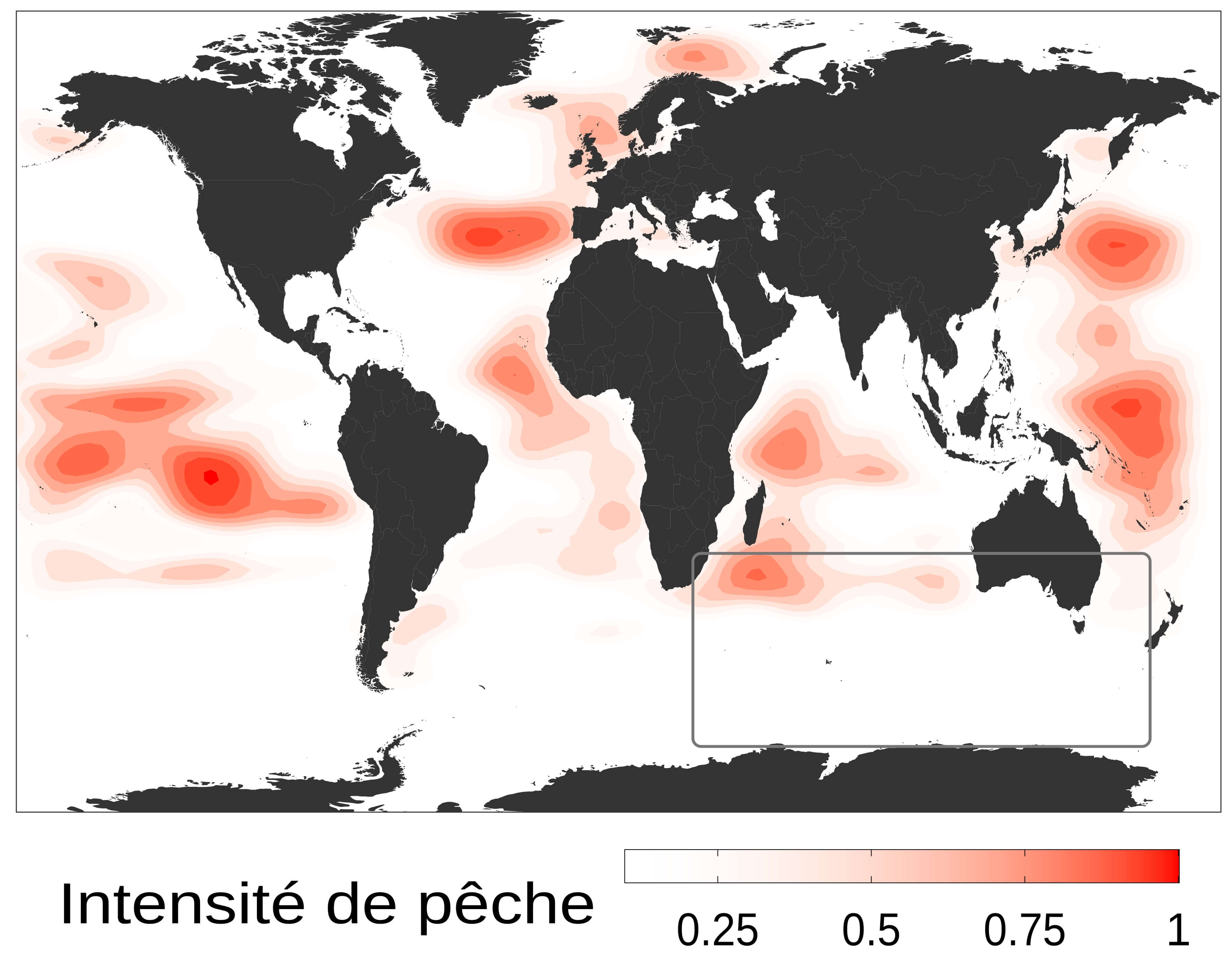 Planisphère où les océans sont en blanc. Des tâches rouges plus ou moins intenses sont représentées. 