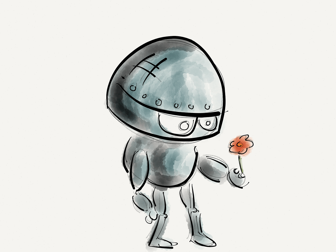 Dessin d'un robot humanoïde tenant une fleur. 