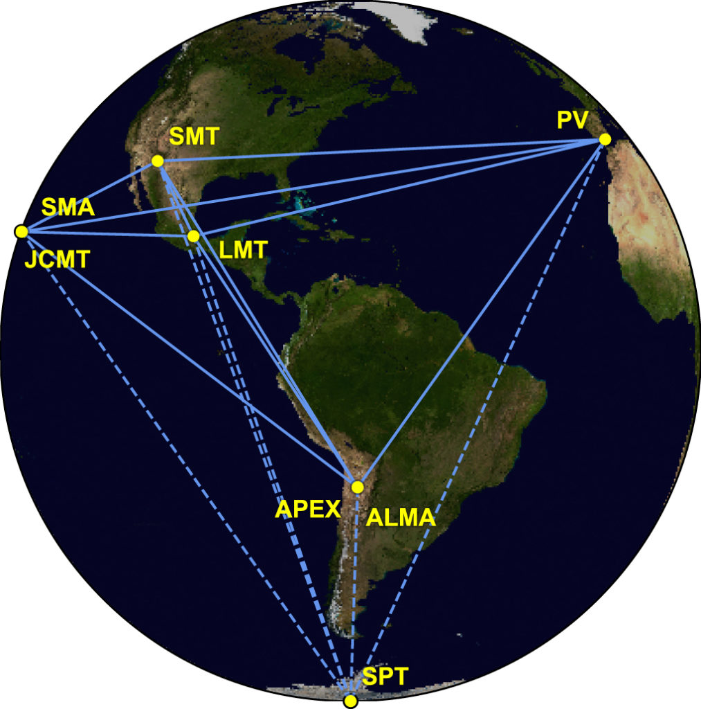 Morceau de planisphère, représentant les Amériques, l’extrême ouest de l’Afrique et la pointe de l’Espagne. Des lignes pleines et pointillées bleues relient différents points situés sur la carte et repérés par des initiales.