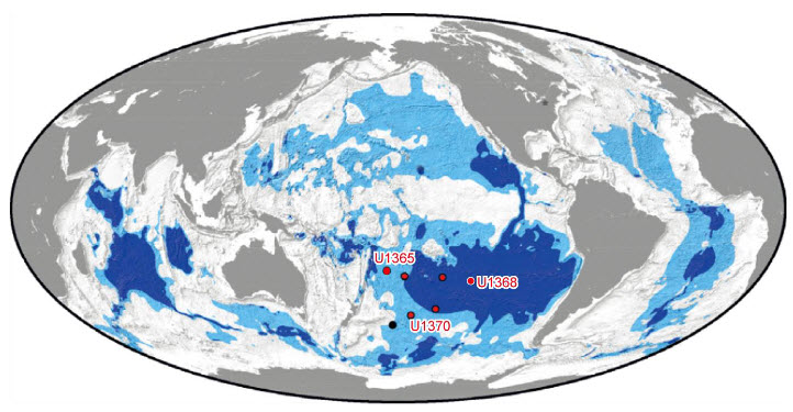 Représentation de la Terre. L’océan Pacifique est au centre de la carte. Les points de prélèvements sont nommés en rouge et sont situés au centre du Pacifique Sud en face de l’Australie.
