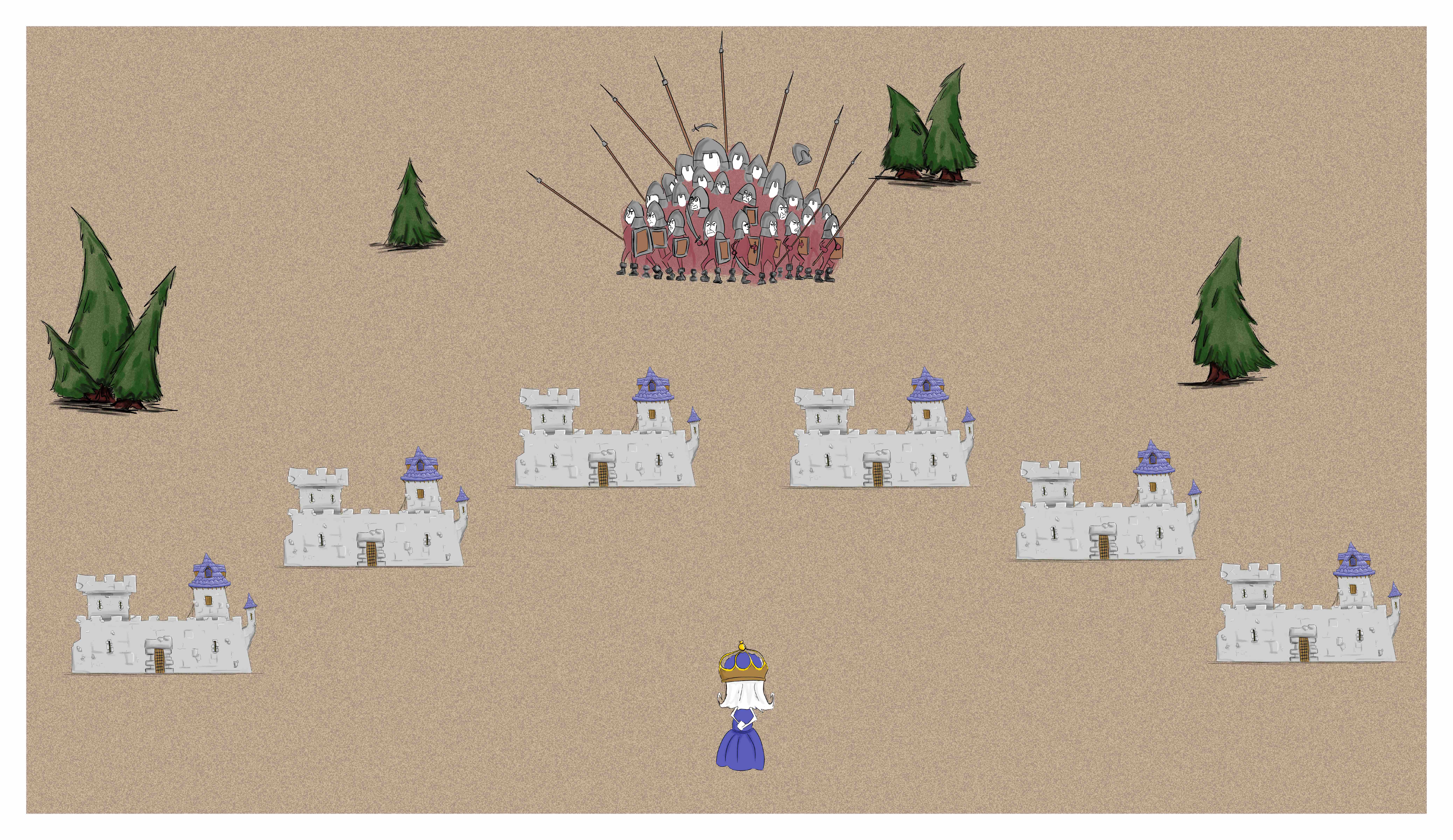 Dessin montrant une reine face à 6 châteux alignés en arc de cercle devant elle de gauche à droite de 1 à 6. De l'autre côté des châteaux 3 et 4 (ceux du centre de l'image) : une armée regroupée en paquet.