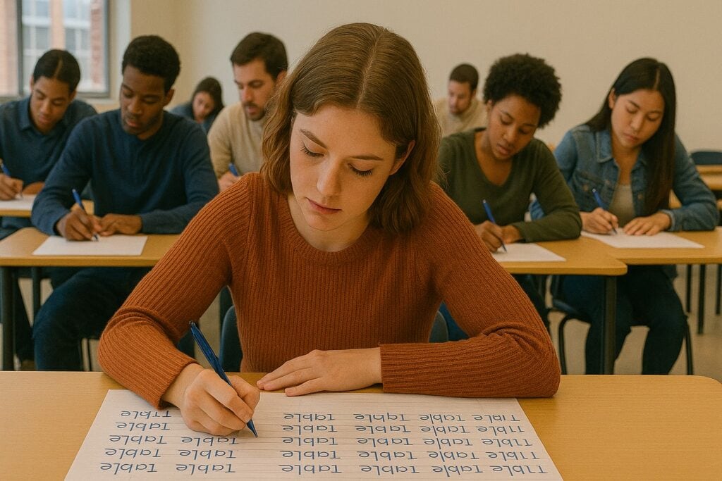 Une jeune fille copie sur une feuille plein de fois le mot "table", dans une pièce remplie de personnes qui semblent faire la même chose.