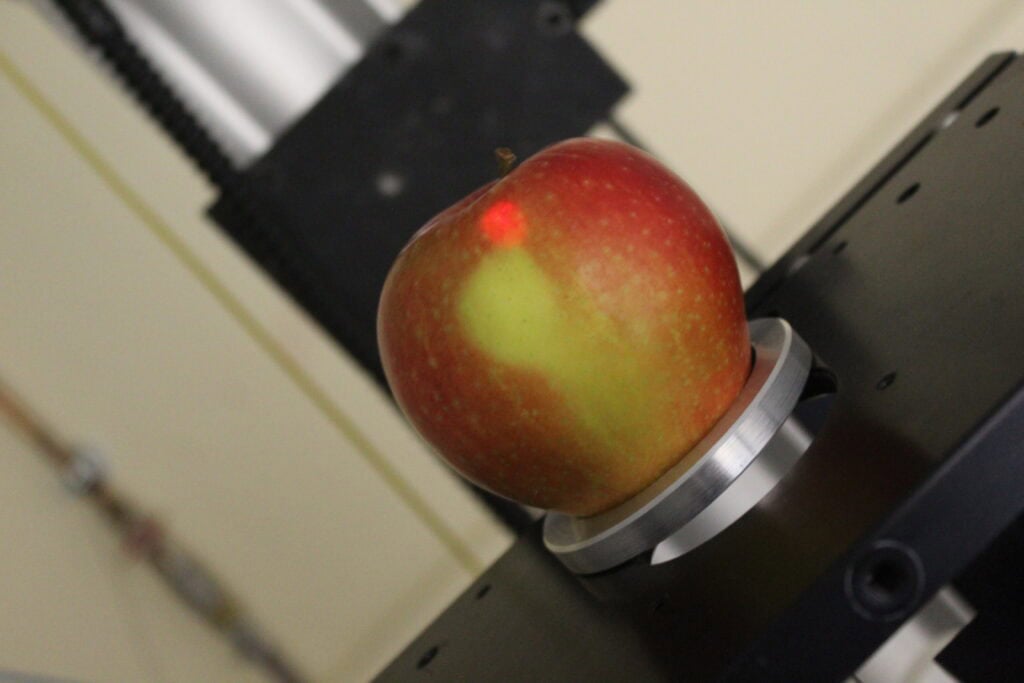 Photographie d'une pomme sur un support métallique présentant un point rouge, trace du faisceau laser à sa surface.