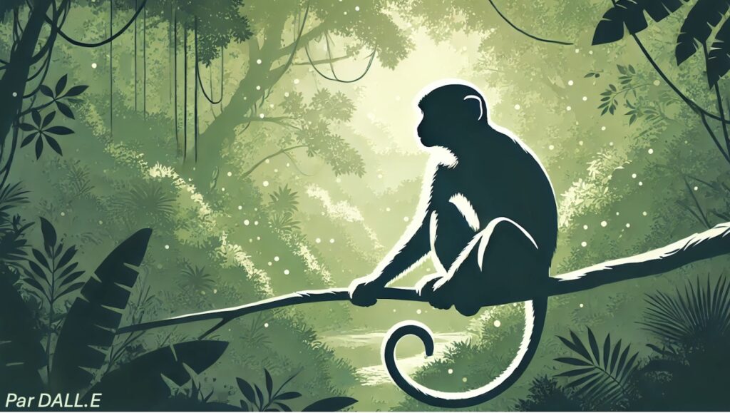 Illustration d'un fond de forêt vierge, avec une silhouette de singe à queue au premier plan.
